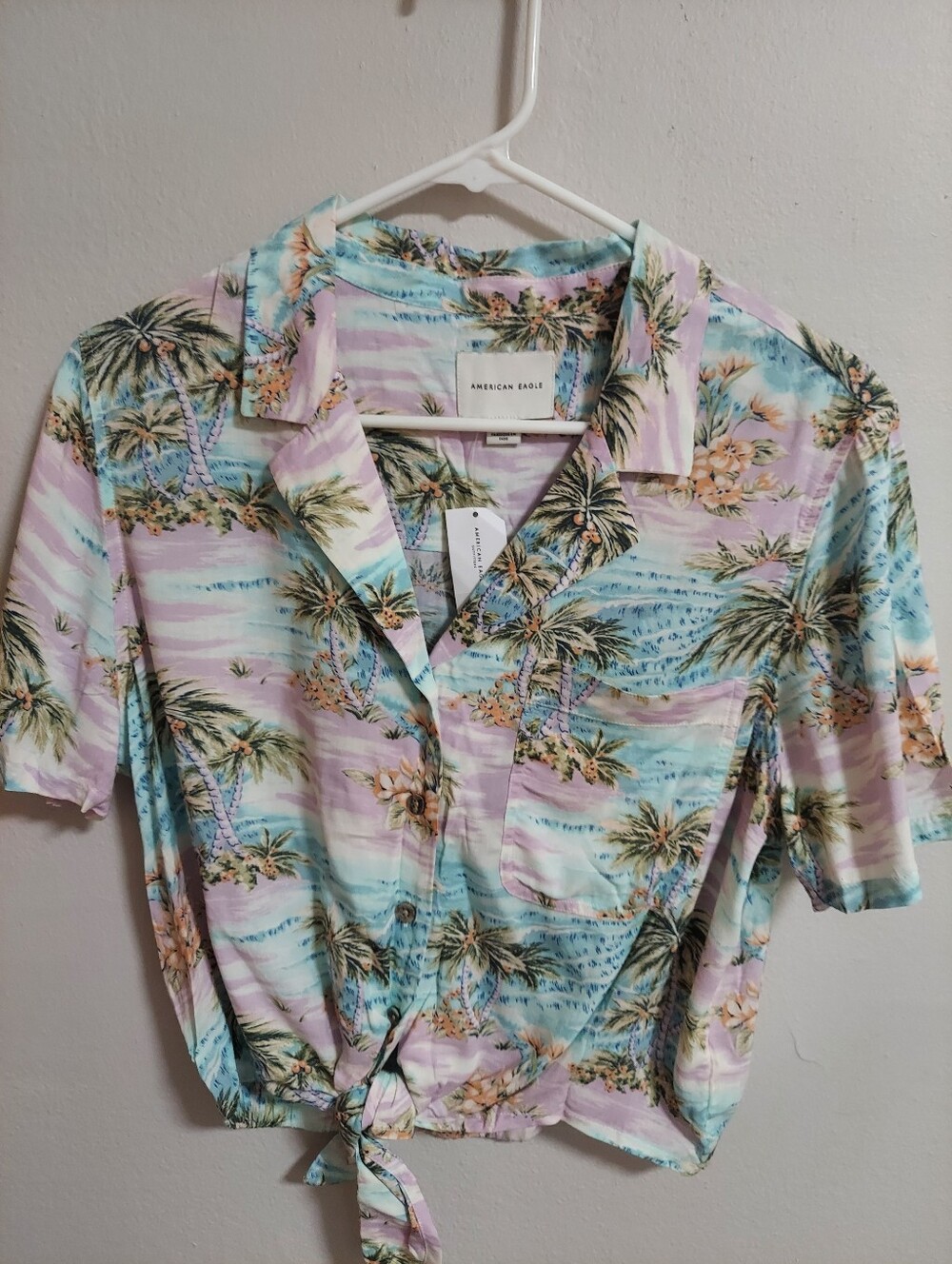 American Eagle Tropical Tie-Front Button Shirt - Pastel Multi